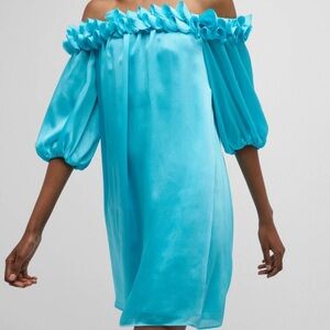 Trina Turk Turquoise Blue Off-Shoulder Mini Dress, Size Small, New Without Tags